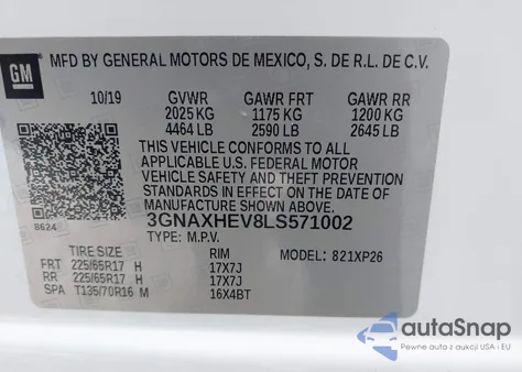 2020 Chevrolet Equinox Fwd Ls из США, поврежденный, VIN 3GNAXHEV8LS571002